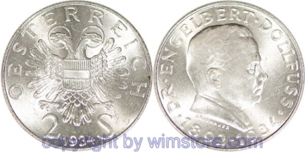 1. Republik, 2 Schilling 1934, Dr. Engelbert Dollfuss, J 441, Silber, vz, fleckig