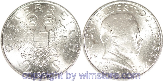 1. Republik, 2 Schilling 1934, Dr. Engelbert Dollfuss, J 441, Silber, vz, fleckig
