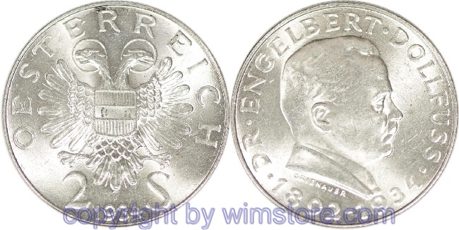 1. Republik, 2 Schilling 1934, Dr. Engelbert Dollfuss, J 441, Silber, vz, fleckig