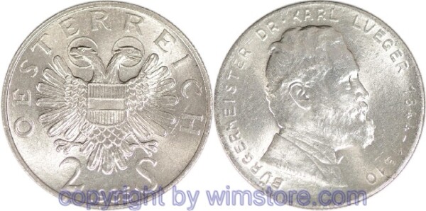 1. Republik, 2 Schilling 1935, Dr. Karl Lueger, J 442, Silber, vz