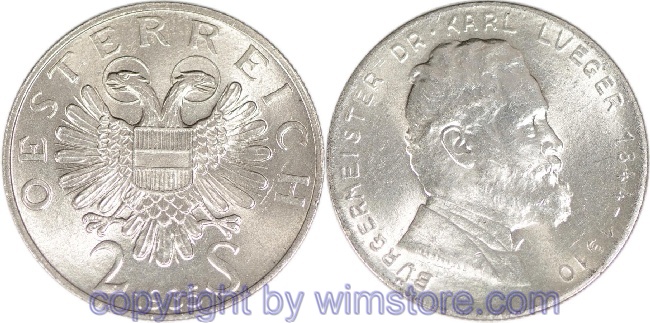 1. Republik, 2 Schilling 1935, Dr. Karl Lueger, J 442, Silber, vz