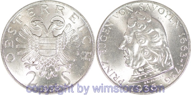 1. Republik, 2 Schilling 1936, Prinz Eugen von Savoyen, J 443, Silber, vz-st, Fleck