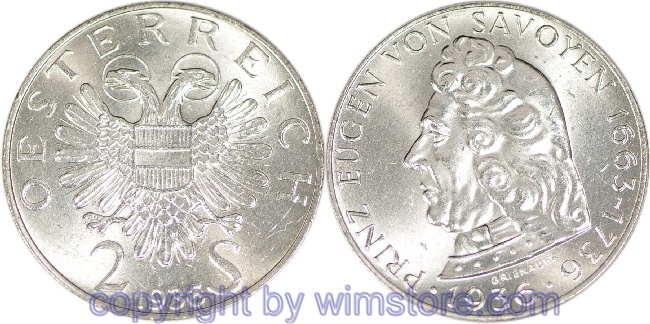 1. Republik, 2 Schilling 1936, Prinz Eugen von Savoyen, J 443, Silber, vz-st