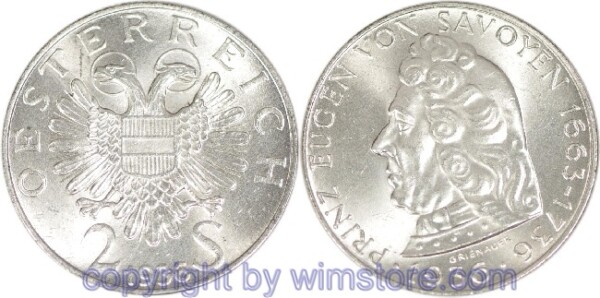 1. Republik, 2 Schilling 1936, Prinz Eugen von Savoyen, J 443, Silber, vz-st, fleckig