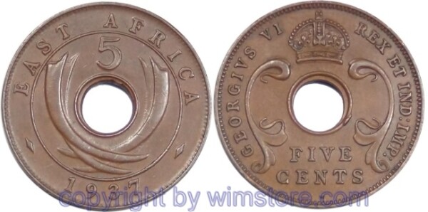 Ostafrika, 5 Cents 1937 H, KM 25.1, Bronze, ss-vz
