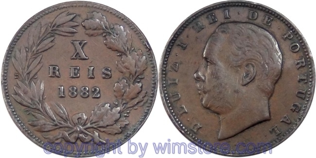 Portugal, 10 Reis 1882, KM 526, Kupfer, ss, winz. Rsn.
