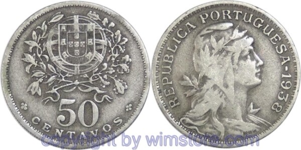 Portugal, 50 Centavos 1938, KM 577, Ku/Ni, s-ss