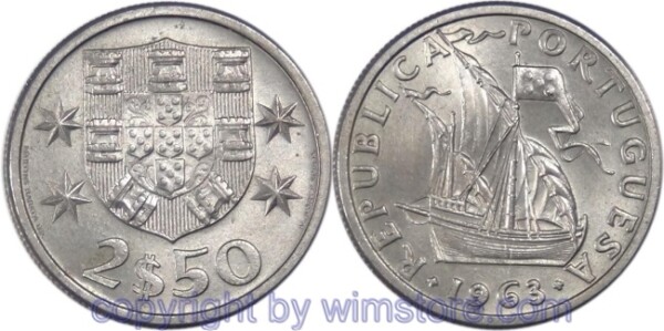 Portugal, 2 1/2 Escudos 1963, KM 590, Ku/Ni, -st