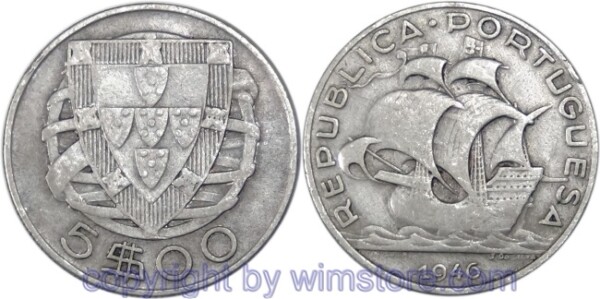 v32573 Portugal, 5 Escudos 1946, KM 581, Silber, s
