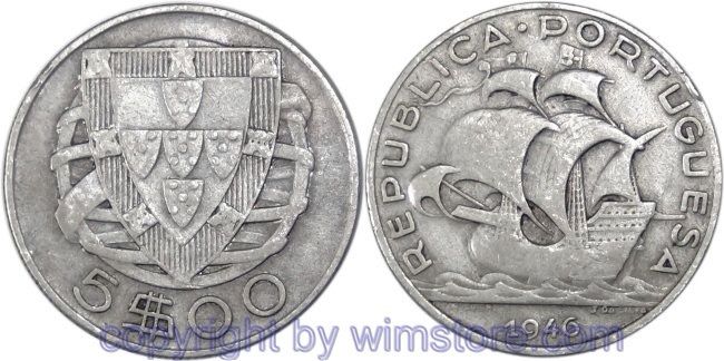 Portugal, 5 Escudos 1946, KM 581, Silber, s
