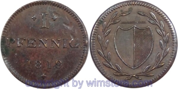 Frankfurt, 1 Pfennig 1819 Token, KM Tn6, Kupfer, ss, jedoch Belagstelle und Schläge
