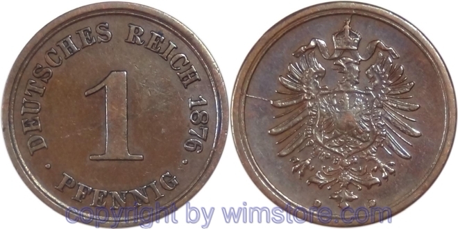 Deutsches Kaiserreich, 1 Pfennig 1876 D, KM 1, Kupfer, ss