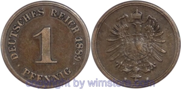 Deutsches Kaiserreich, 1 Pfennig 1889 D, KM 1, Kupfer, s-ss