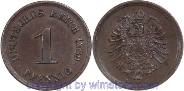 Deutsches Kaiserreich, 1 Pfennig 1889 E, KM 1, Kupfer, ss