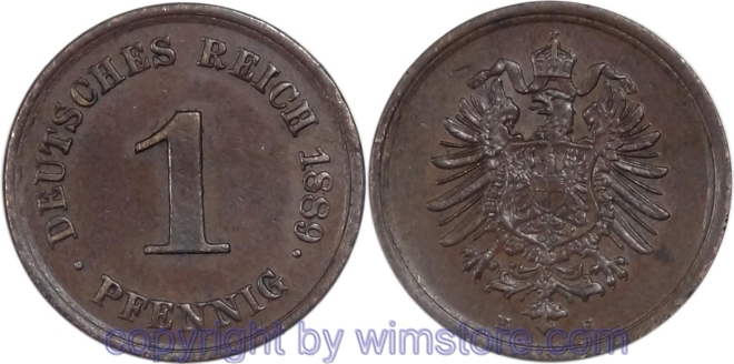 Deutsches Kaiserreich, 1 Pfennig 1889 E, KM 1, Kupfer, ss
