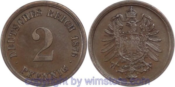 Deutsches Kaiserreich, 2 Pfennig 1876 D, KM 2, Kupfer, -vz