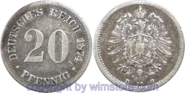 Deutsches Kaiserreich, 20 Pfennig 1874 D, KM 5, Silber, ss