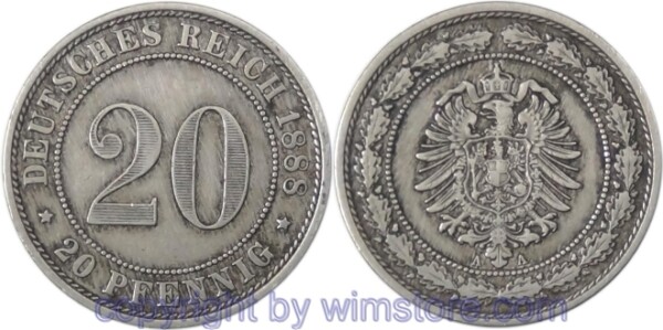 Deutsches Kaiserreich, 20 Pfennig 1888 A, KM 9.1, Ku/Ni, ss
