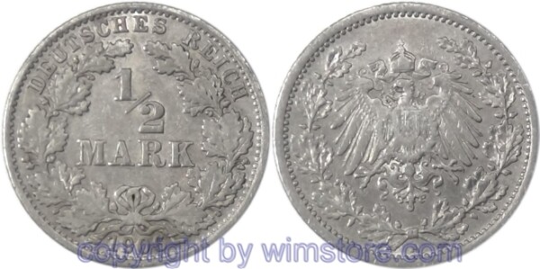 Deutsches Kaiserreich, 1/2 Mark 1906 A, KM 17, Silber, ss