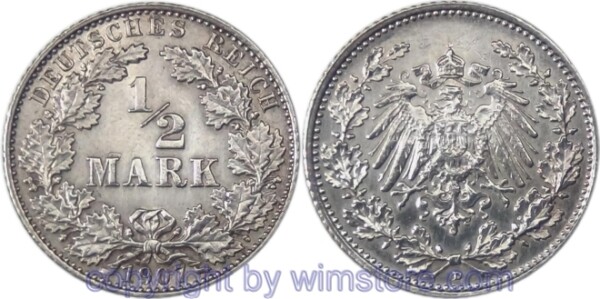 Deutsches Kaiserreich, 1/2 Mark 1907 D, KM 17, Silber, vz