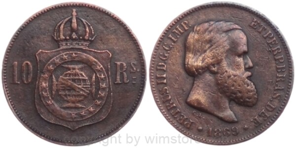 Brasilien, 10 Reis 1869, KM 473, Bronze, -ss