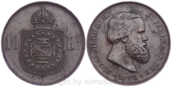 Brasilien, 10 Reis 1869, KM 473, Bronze, -ss