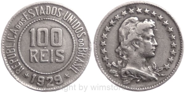Brasilien, 100 Reis 1929, KM 518, Ku/Ni, ss