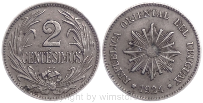 Uruguay, 2 Centesimos 1924, KM 20, Ku/Ni, ss