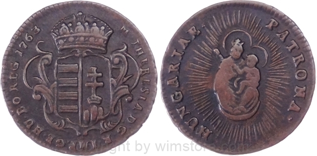 Maria Theresia, 1 Denar 1763, Kremnitz, Her 1696, Kupfer, -ss