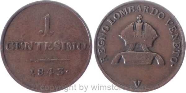 Lombardei Venetien, Ferdinand I. von Österreich, 1 Centesimo 1843 V, Her 399, Kupfer, s-ss