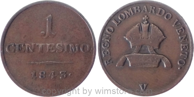 Lombardei Venetien, Ferdinand I. von Österreich, 1 Centesimo 1843 V, Her 399, Kupfer, s-ss