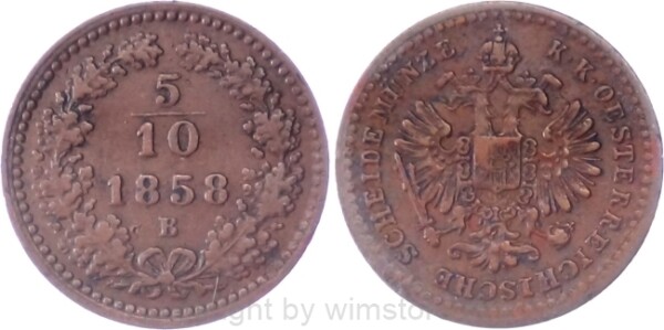 Franz Josef I., 5/10 Kreuzer 1858 B, J 321, Kupfer, ss