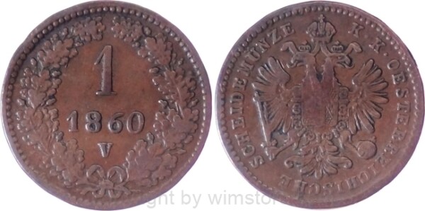Franz Josef I., 1 Kreuzer 1860 V, J 322, Kupfer, s-ss