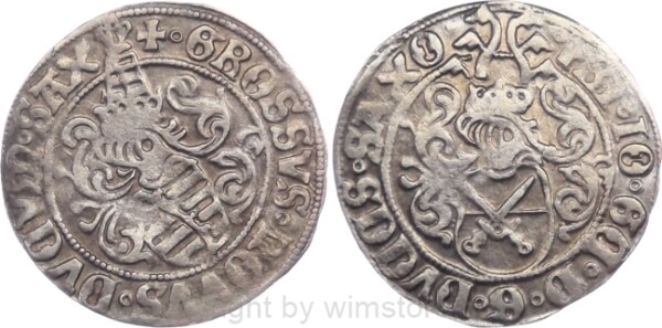 Sachsen Kurfürstentum, 1507 - 1525, Kurfürst Friedrich III. Johann und Georg, Zinsgroschen o.J., Annaberg, Münzmeister Albrecht von Schreibersdorf (1512 - 1523) Mmz. Kreuz, Silber, ss-vz