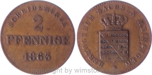 Sachsen Meiningen, 2 Pfennig 1863, KM 171, Kupfer, ss