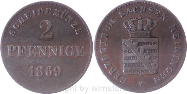 Sachsen Meiningen, 2 Pfennig 1869, KM 174, Kupfer, ss