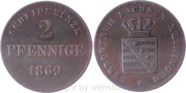 Sachsen Meiningen, 2 Pfennig 1869, KM 174, Kupfer, ss