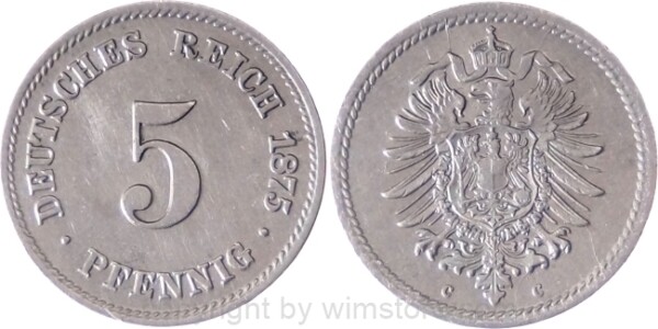 Deutsches Kaiserreich, 5 Pfennig 1875 C, KM 3, Ku/Ni, vz