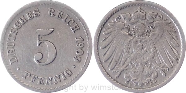 Deutsches Kaiserreich, 5 Pfennig 1909 F, KM 11, Ku/Ni, ss