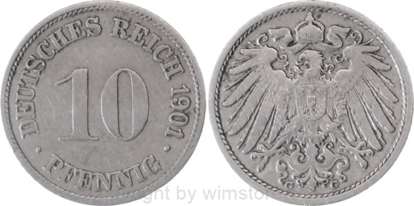 Deutsches Kaiserreich, 10 Pfennig 1901 G, KM 12, Ku/Ni, -ss, kl. Rs.
