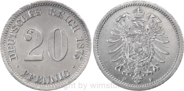 Deutsches Kaiserreich, 20 Pfennig 1875 F, KM 5, Silber, vz
