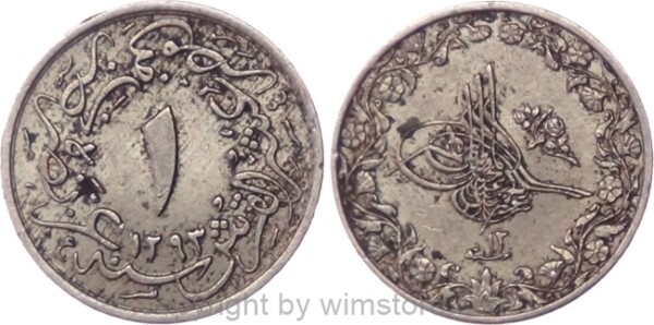 Ägypten, AH1293 - AH1327, Abdul Hamid II., 1/10 Qirsh AH1293/12, KM 289, Ku/Ni, vz, fleckig