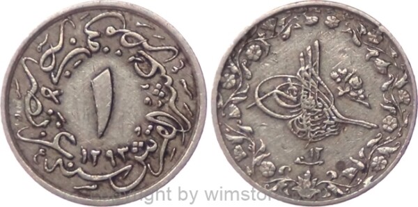 Ägypten, AH1293 - AH1327, Abdul Hamid II., 1/10 Qirsh AH1293/12, KM 289, Ku/Ni, ss