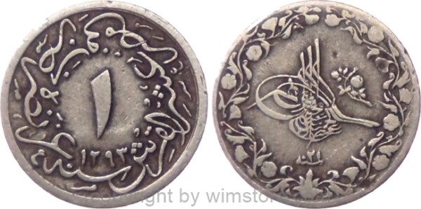 Ägypten, AH1293 - AH1327, Abdul Hamid II., 1/10 Qirsh AH1293/21, KM 289, Ku/Ni, -ss