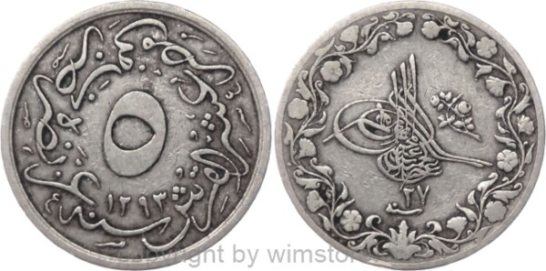 Ägypten, AH1293 - AH1327, Abdul Hamid II., 5/10 Qirsh AH1293/27, KM 291, Ku/Ni, -ss