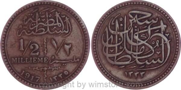 Ägypten, AH1333 - AH1341, Sultanat Ägypten (Britisches Protectorat), 1/2 Millieme AH1335, 1917, KM 312, Bronze, ss (HR) gestempelt