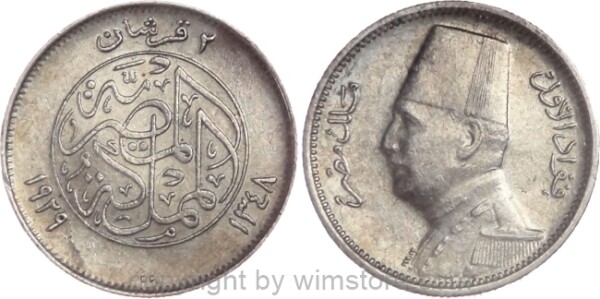 Ägypten, 2 Piastres 1929, KM 348, Silber, ss