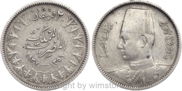 Ägypten, 2 Piastres 1937, KM 365, Silber, -vz