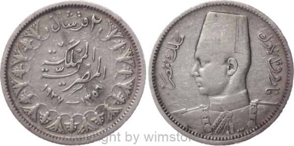 Ägypten, 2 Piastres 1937, KM 365, Silber, vz