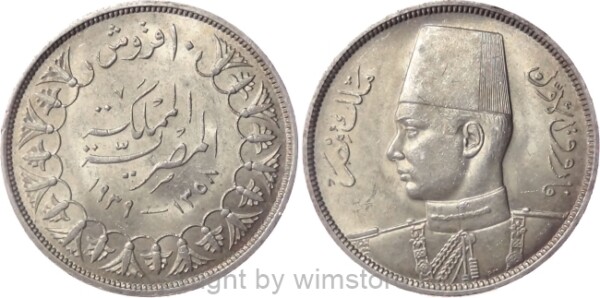 Ägypten, 10 Piastres 1939, KM 367, Silber, ss